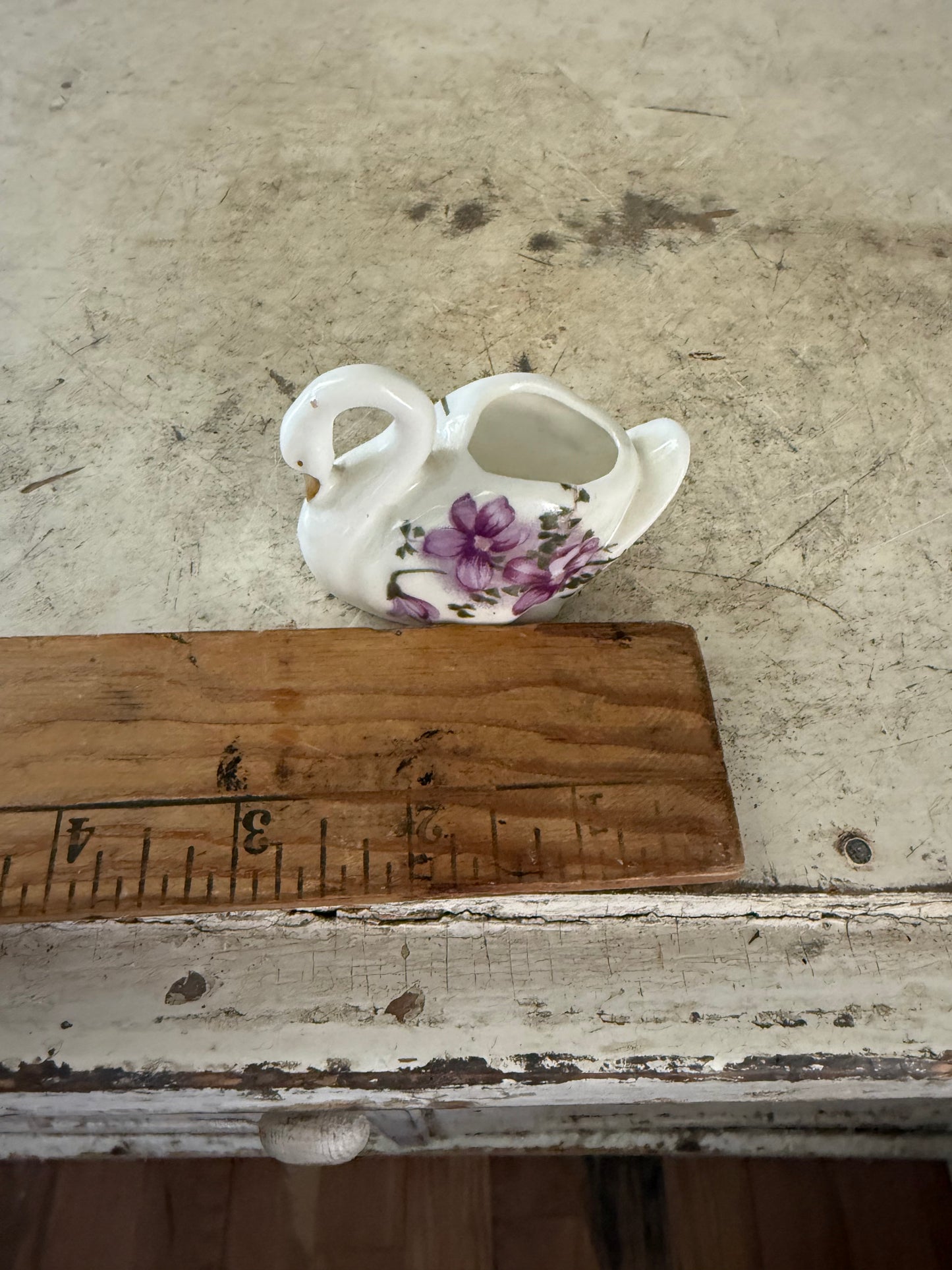 2” High Porcelain Toothpick Holder Swan Violet Flowers
