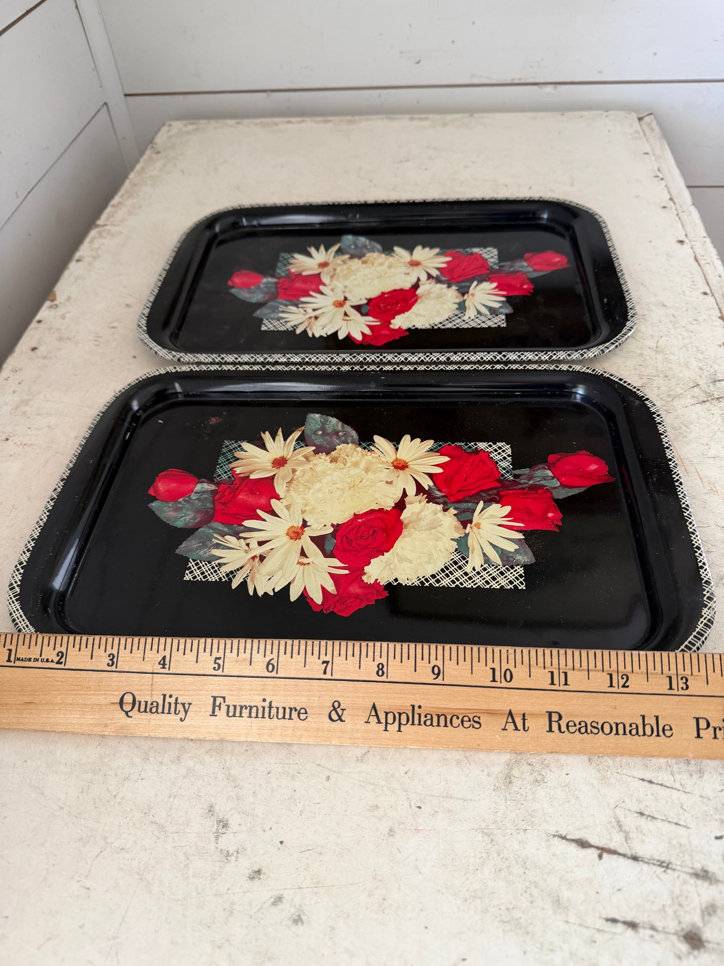 Vintage metal rectangle Snack Tray - white and red roses sold individually