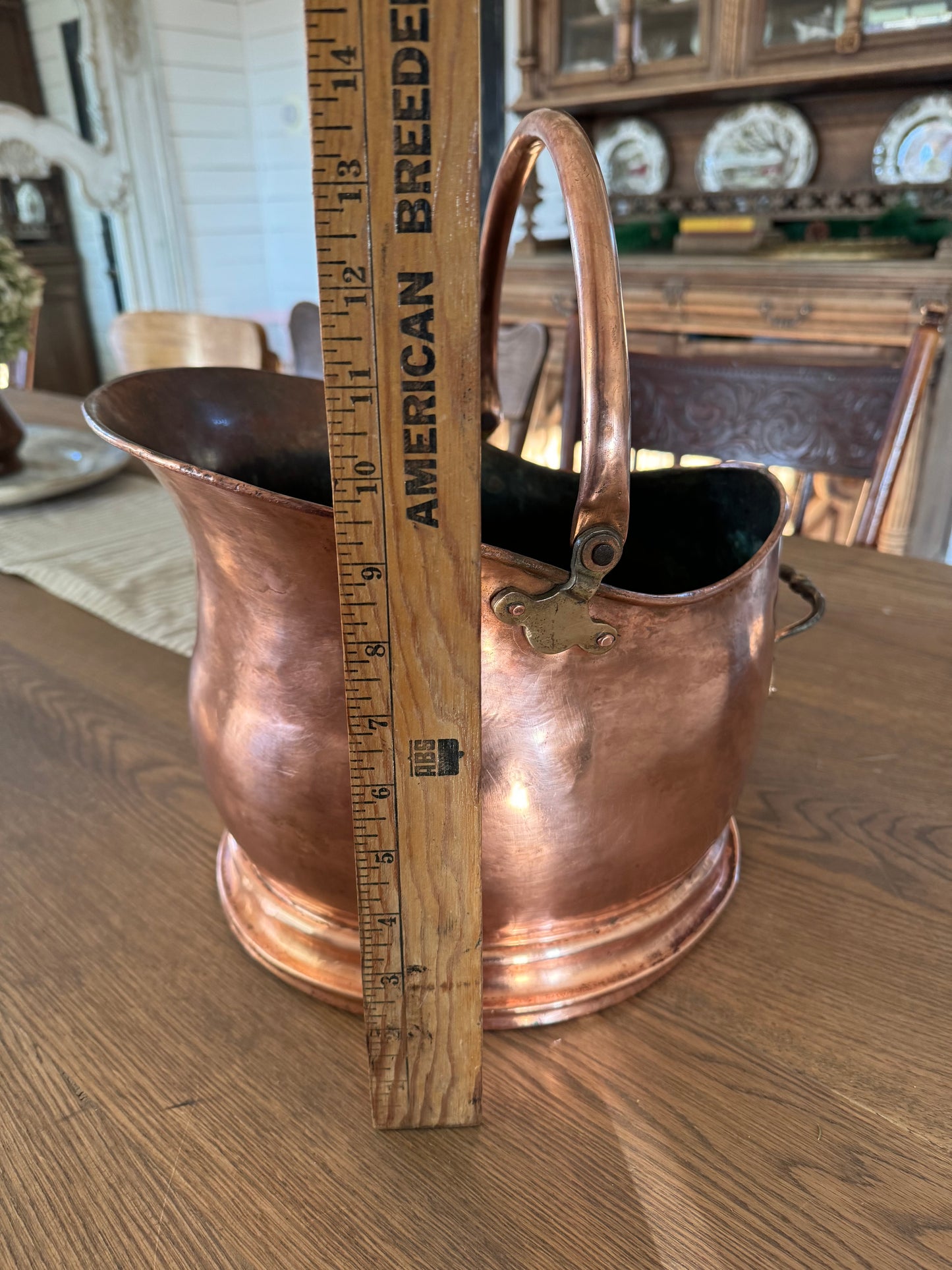 Antique Victorian quality copper helmet coal scuttle with copper handle