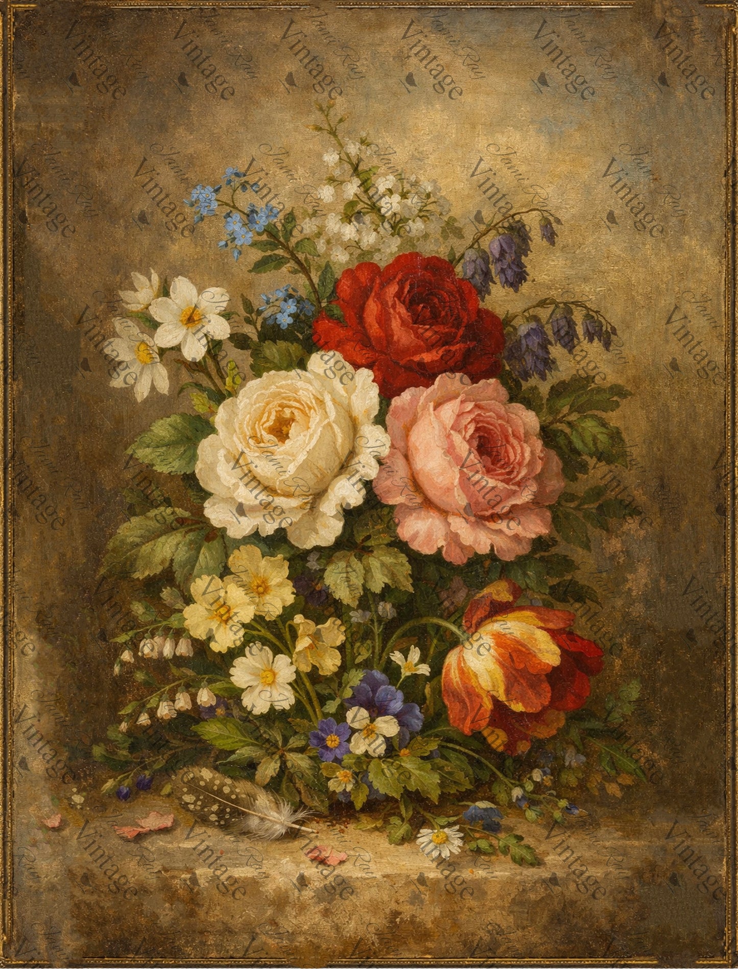 Bird Feather with Moody Floral Arrangement | JRV Large Rice Paper 31-1/2x23-5/8”