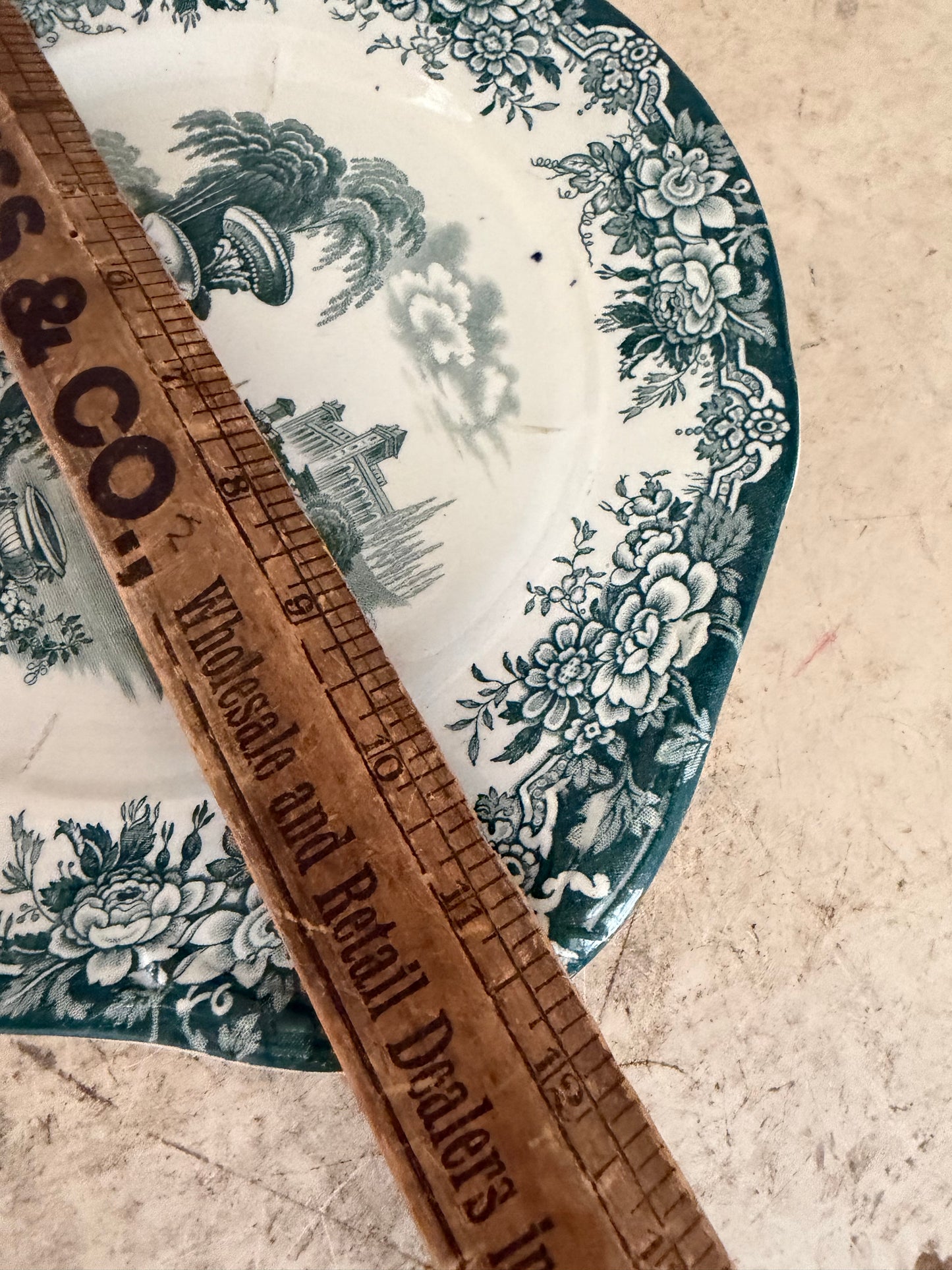 Antique Victorian Ironstone Platter, Dark Brown & White Transferware Green and White