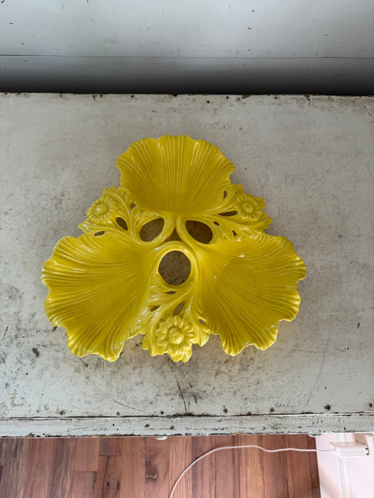 Vintage yellow ceramic dish California Pottery divided leaf relish Tray - Has Some Chips