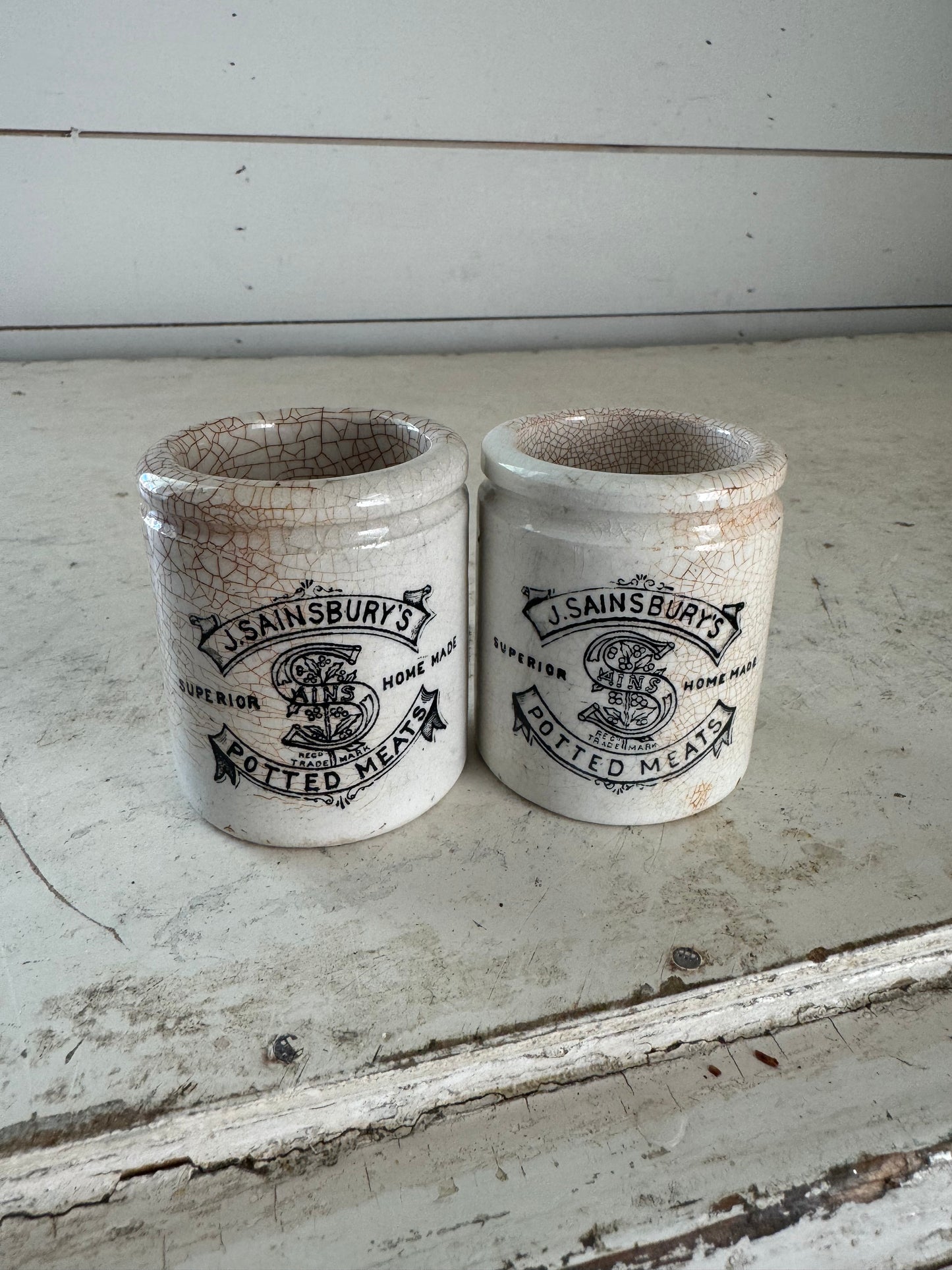 Victorian Antique English Advertising Pot – J. Sainsbury’s Potted Meats - sold individually - Crazed & cracked