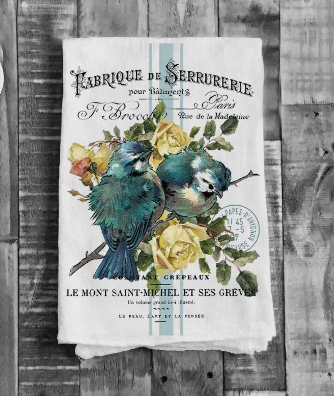 French Birds Roses Kitchen Tea Towel