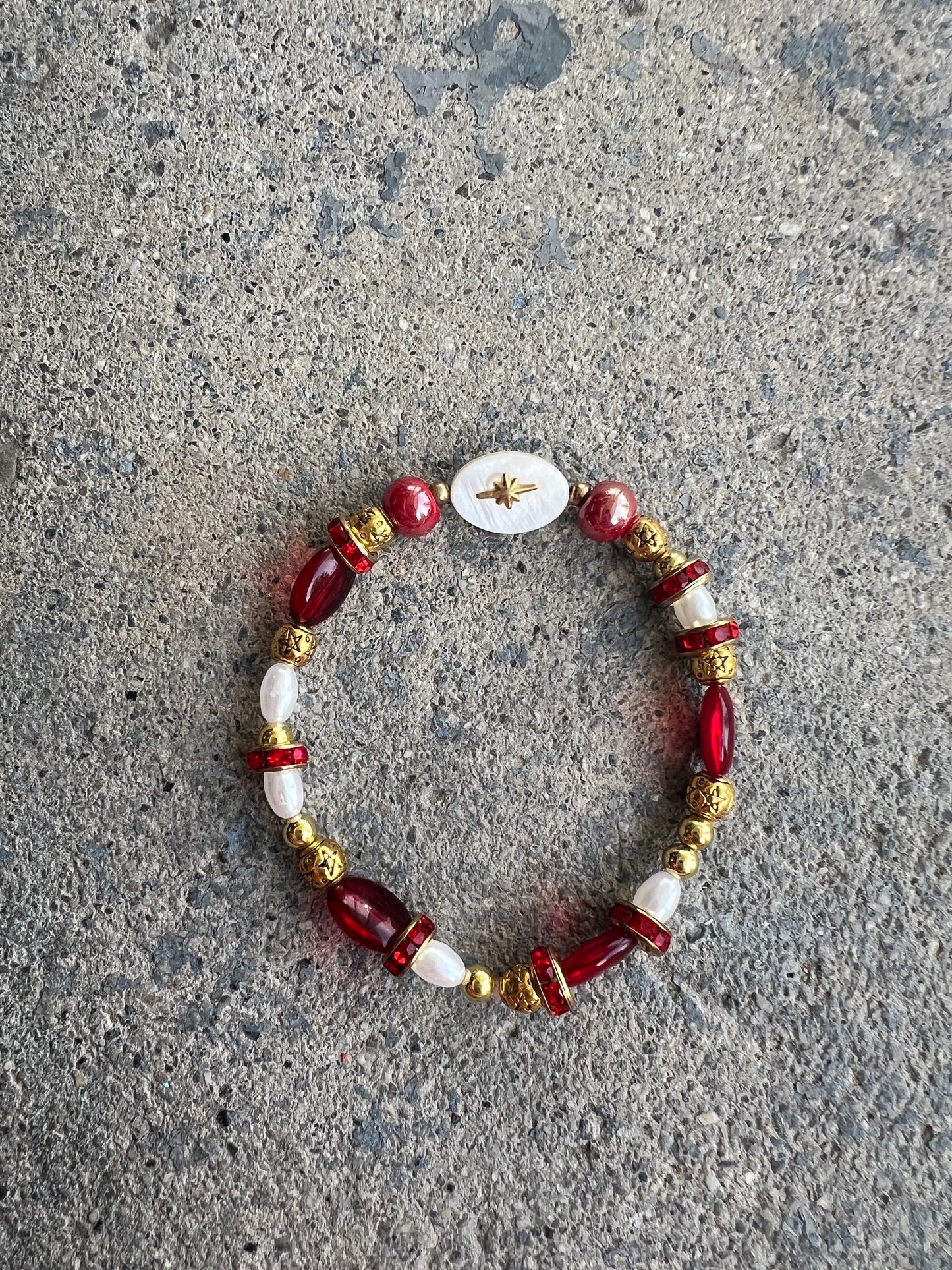 Red and gold star handmade beaded bracelet