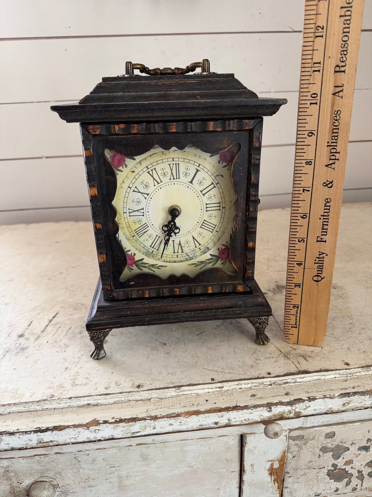 Mantle Clock With Cast Metal Feet - Will Get Makeover - opens with hooks inside