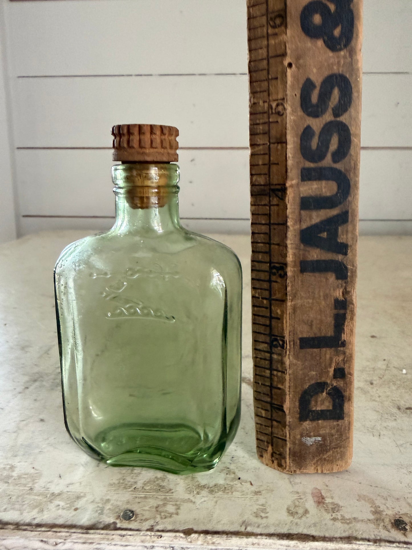 Antique Hennessy Green Glass Flask with grooved Cork Stopper: Embossed Bras Armé French Barware