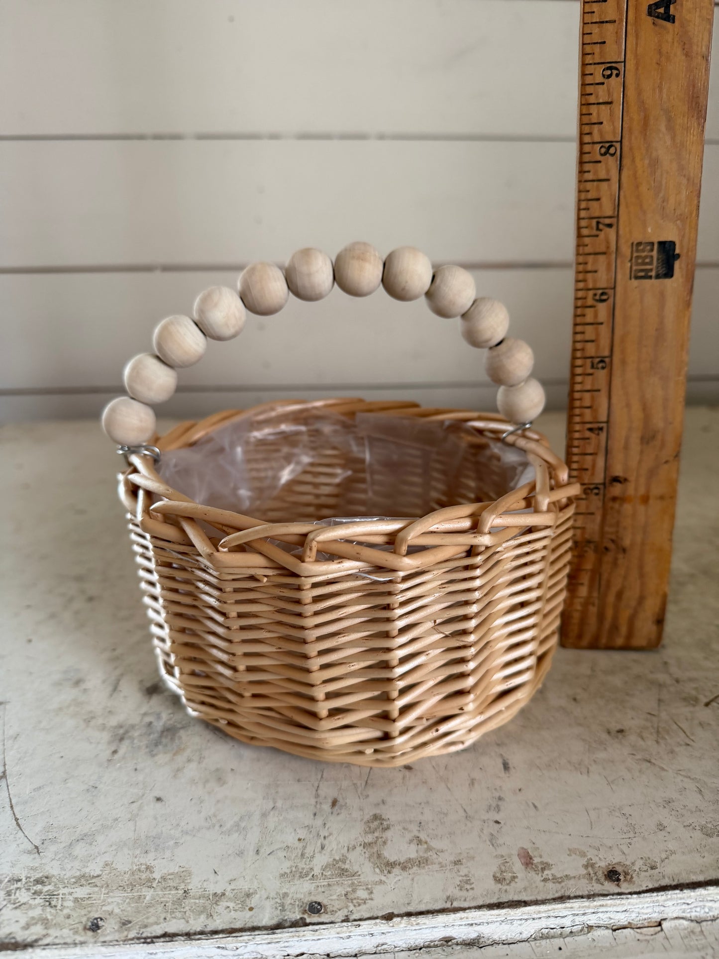 Flower girl basket with wood bead handle