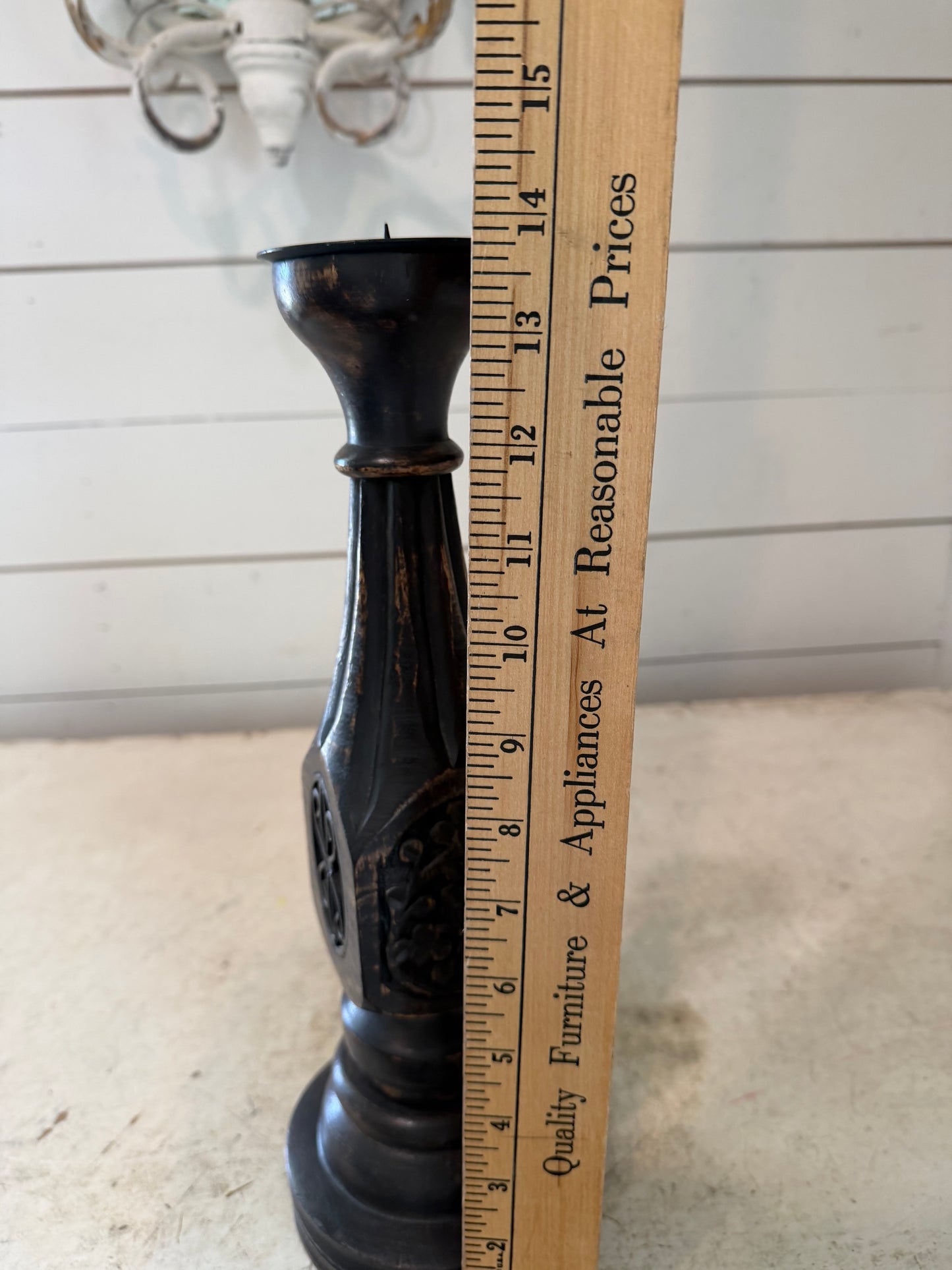 Large hand painted wood candlestick with hand carved floral design