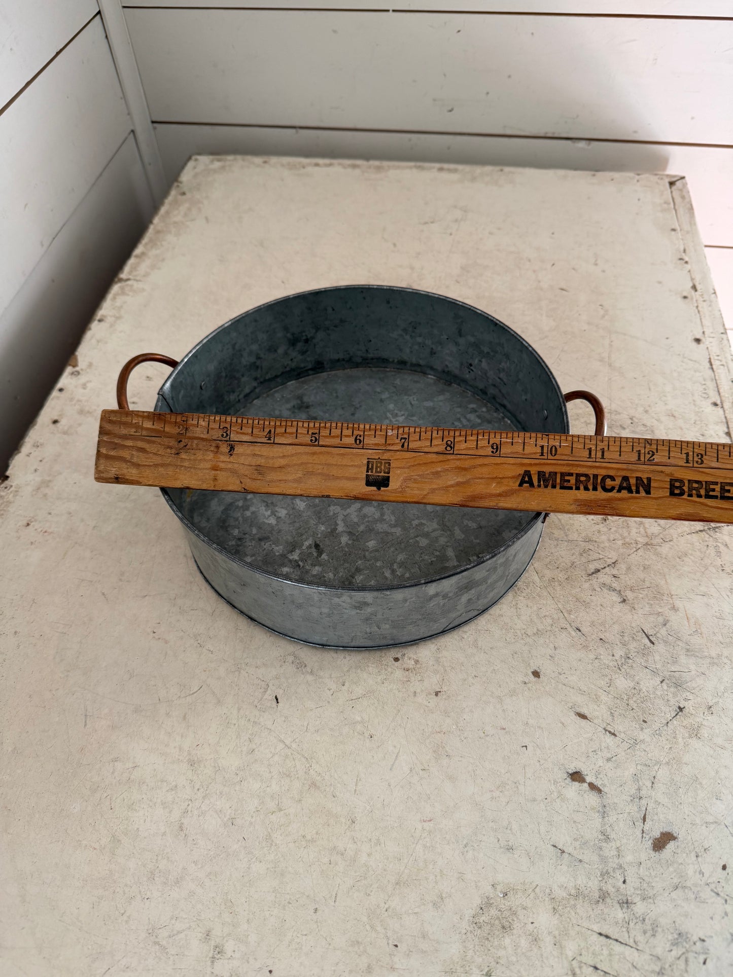 Round Galvanized Tray with Deep Sides and Copper Handles - Will Get Makeover