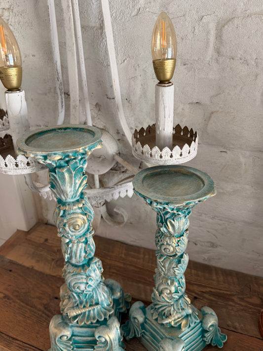 Set of two cottage Seaside handpainted candlesticks