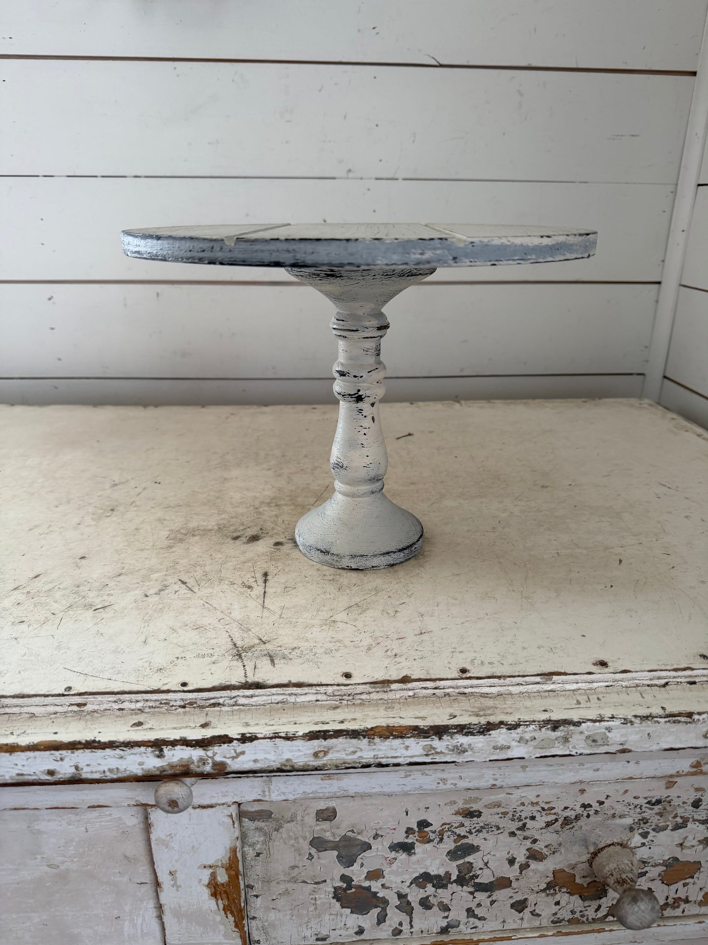 Distressed wood cake stand pedestal with slats in the top