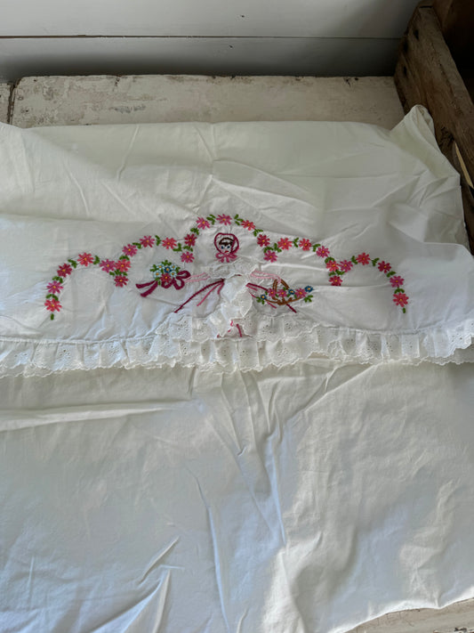 Embroidered Girl Pillow Case with Matching Sheet Full Size