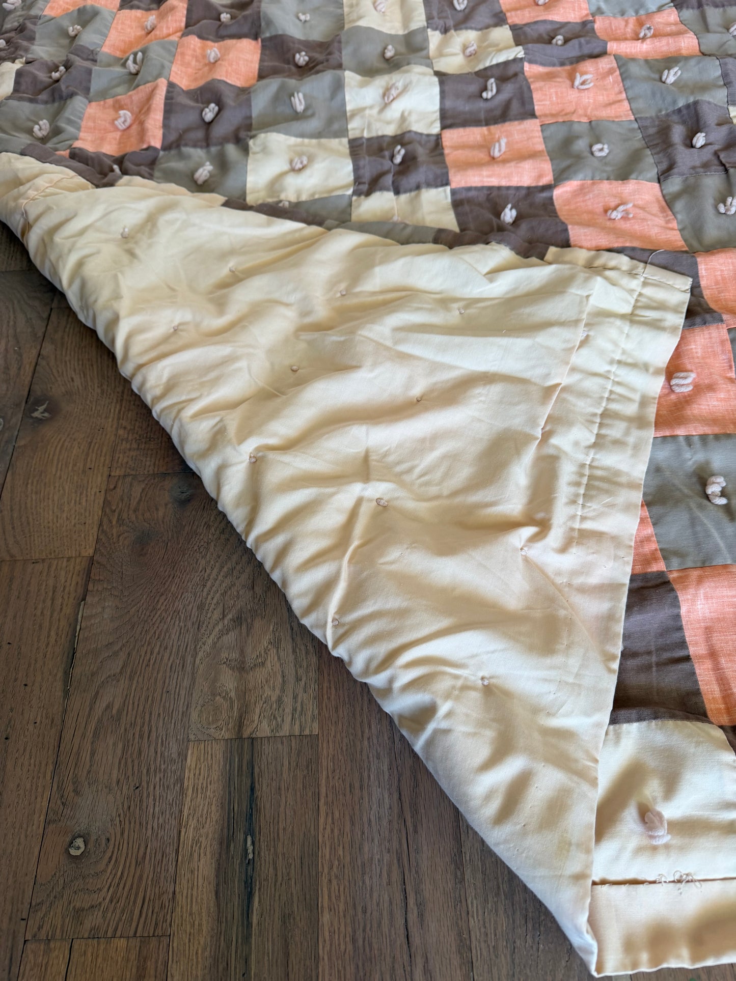 Brown peach and cream hand, stitched patchwork quilt - Crib Size