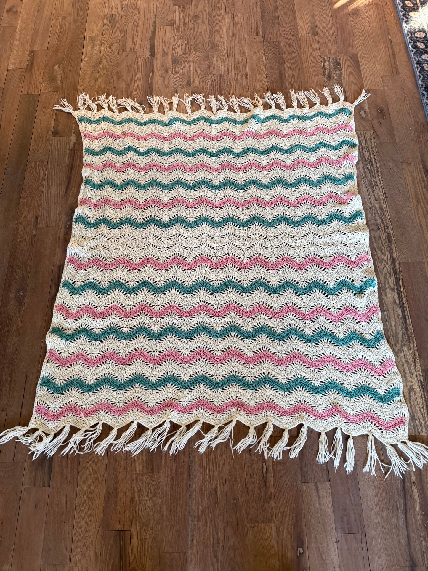 Teal pink and cream fringed Afghan