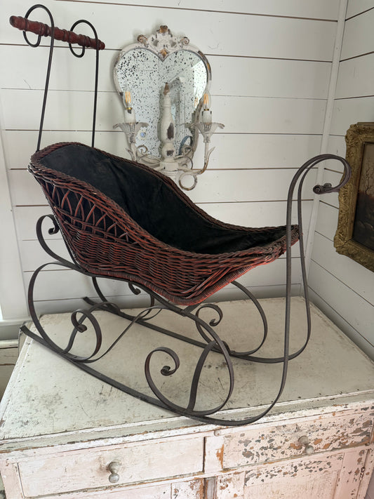 Vintage Wicker and Wrought Iron Doll Sled