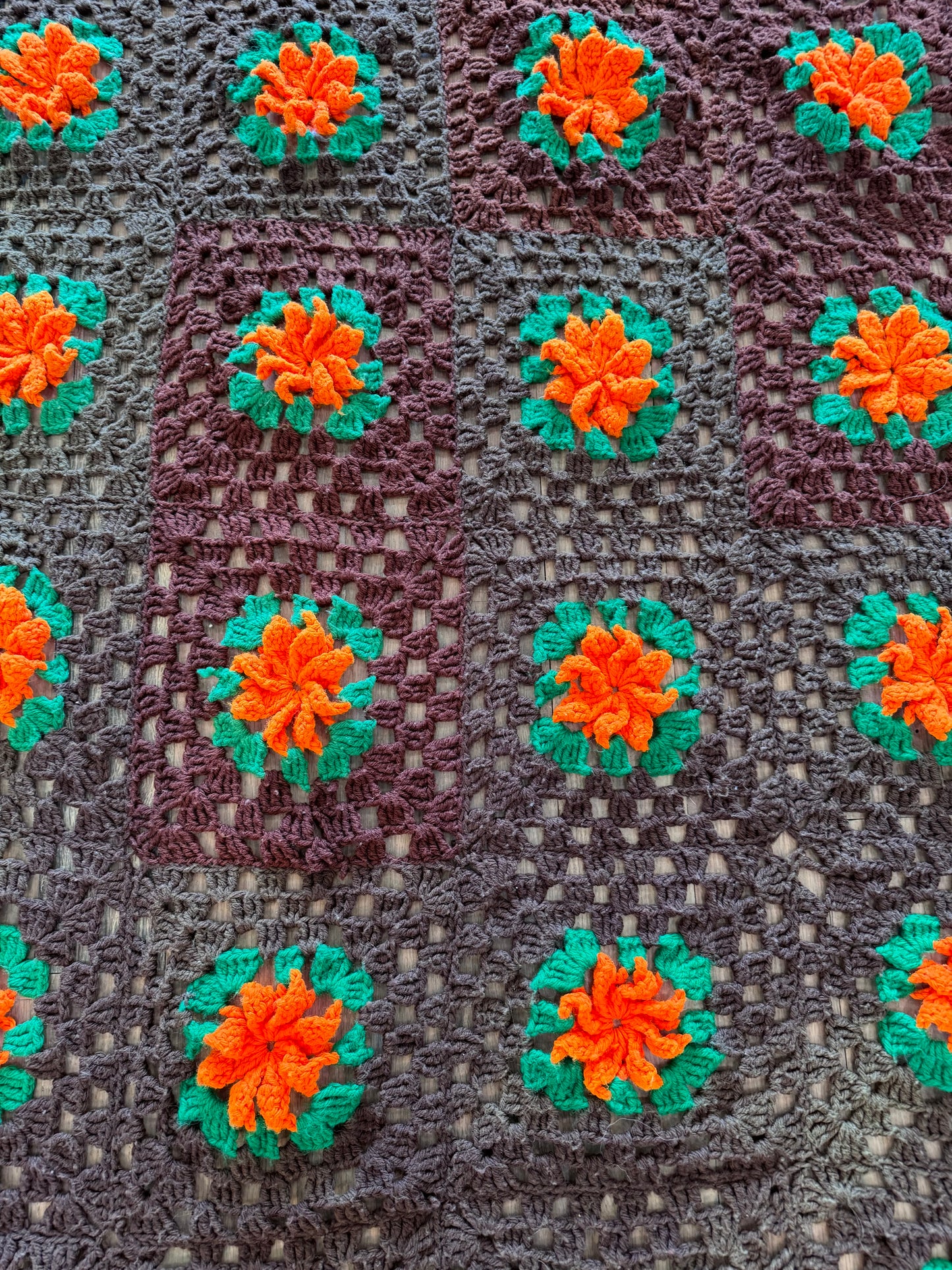 Vintage brown Afghan with raised Poppy Design - Queen