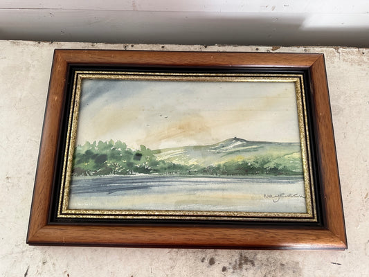 Original Watercolor Lake with Mountains by May Rudkin Framed
