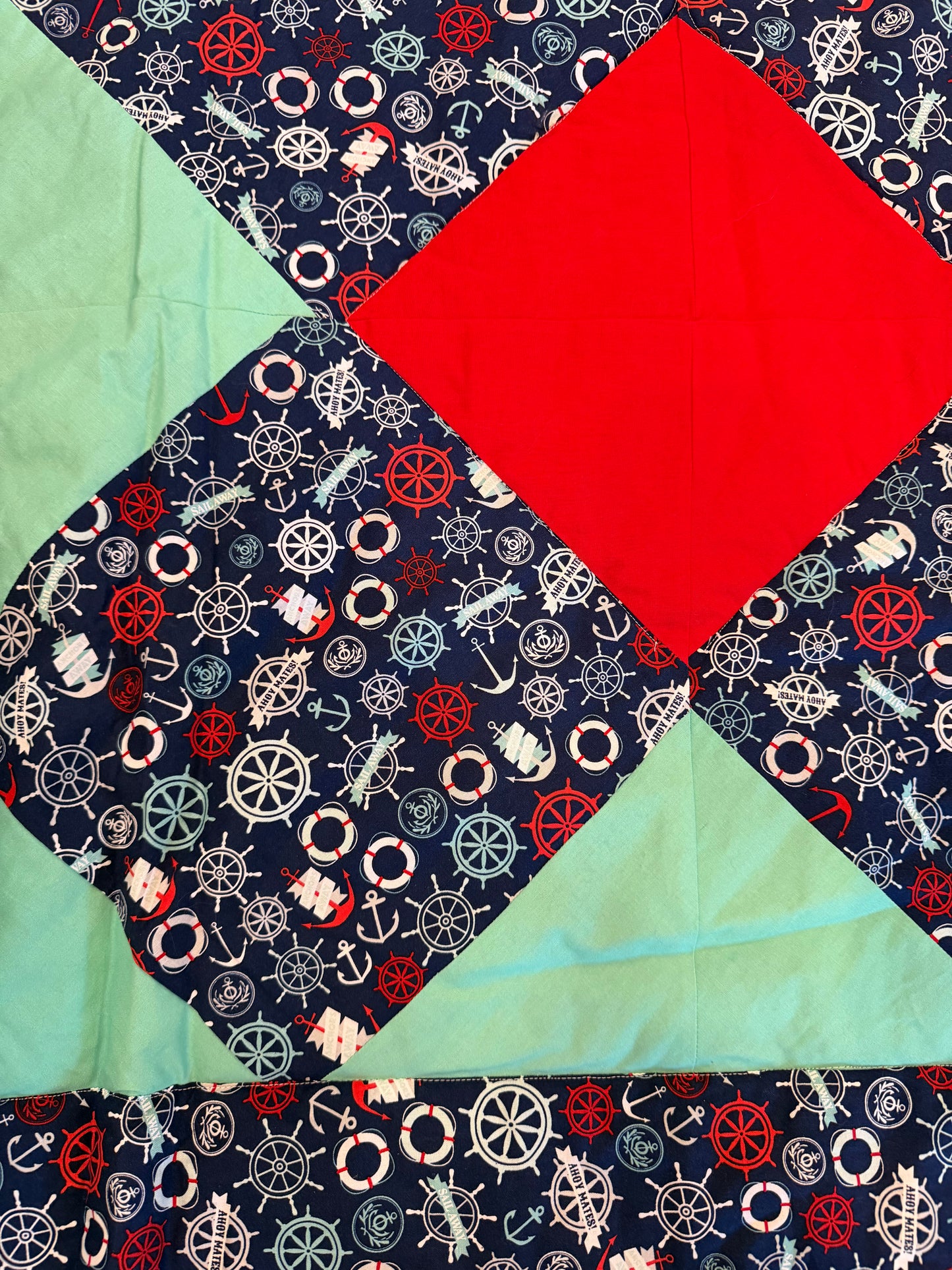 Handmade nautical-themed patchwork quilt a boxed-in pattern - TWIN