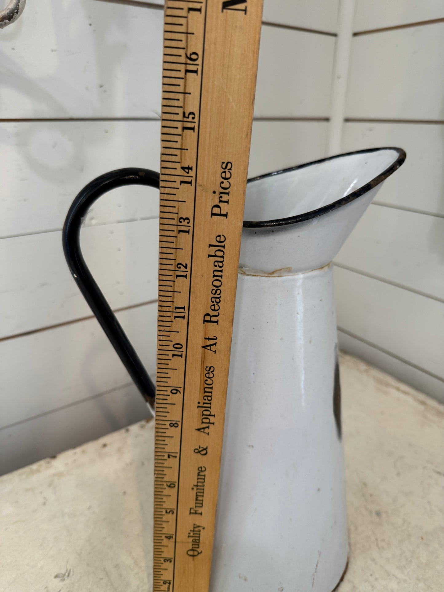 Vintage French Enamel Water Jug White with Blue Rim