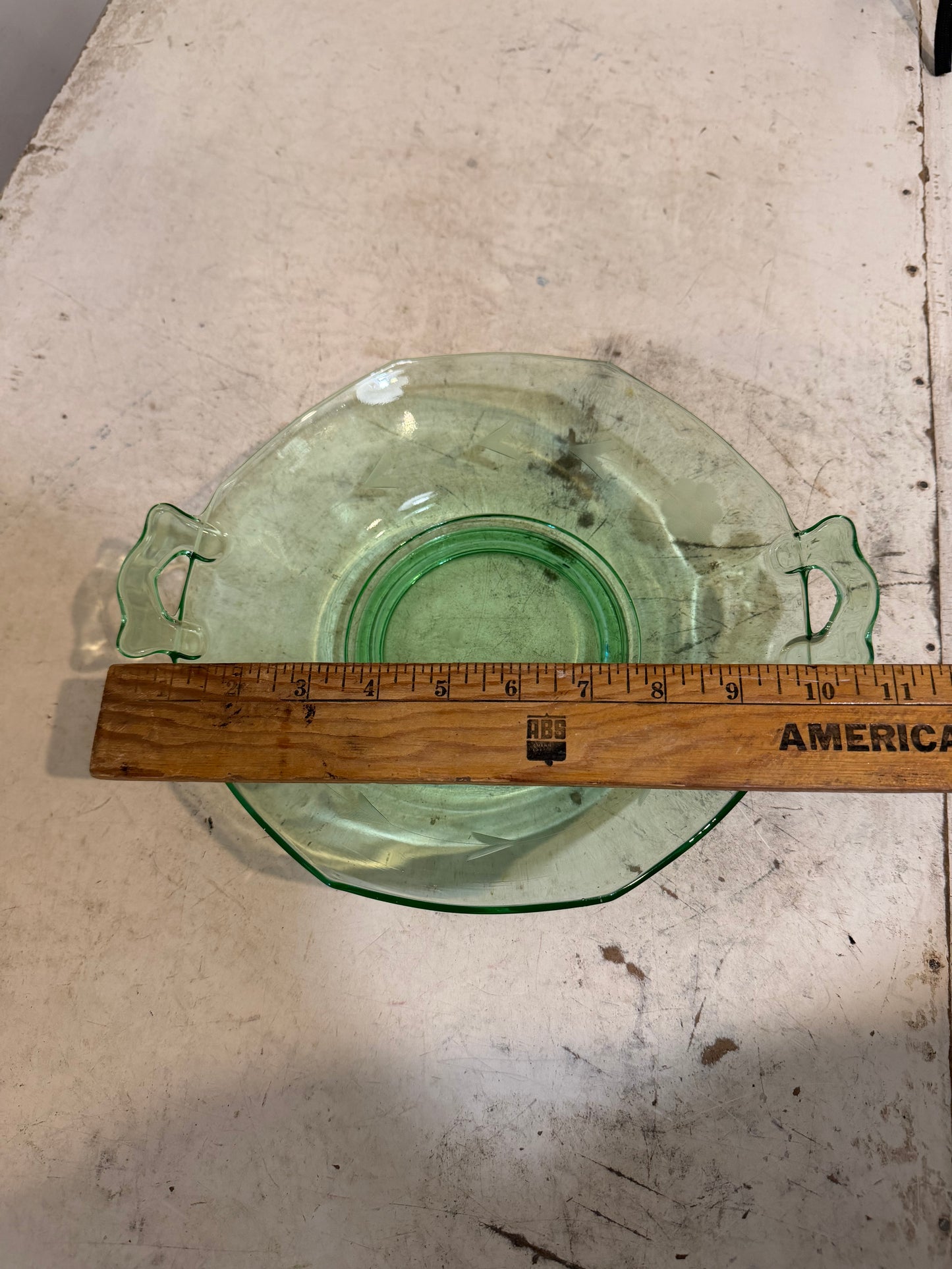 Antique Uranium Green Glass With etching and Handles