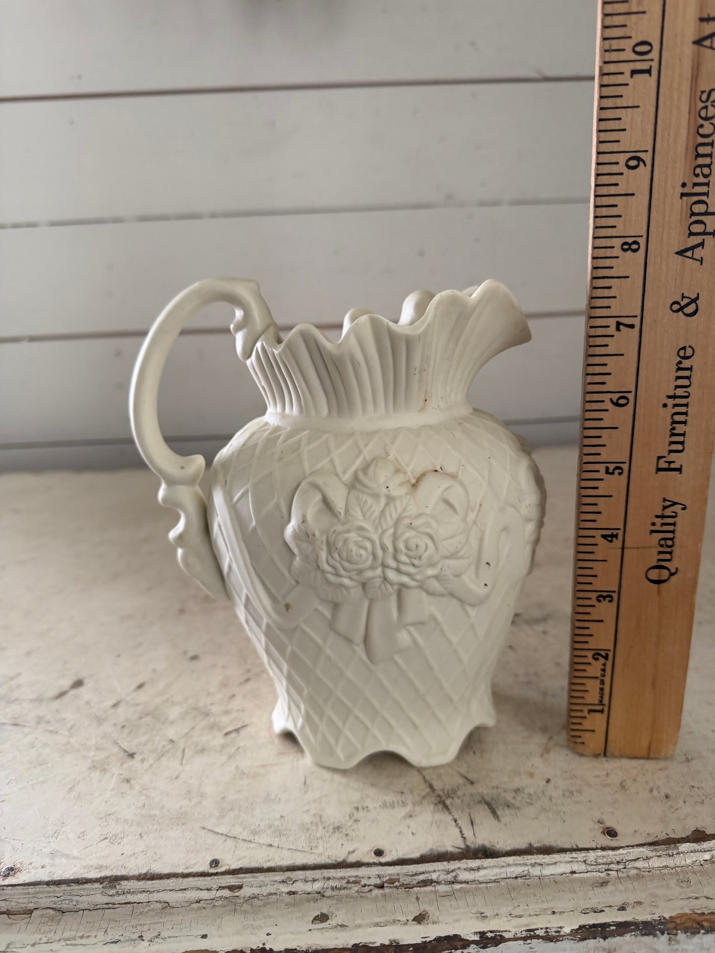 Vintage Ivory Bisque Pitcher With Floral Detail 7-1/2” tall - Will get makeover