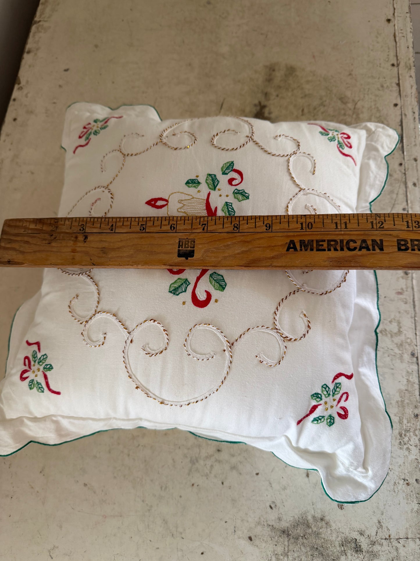 Embroidered Decorative Christmas Pillow With Holly and Candles