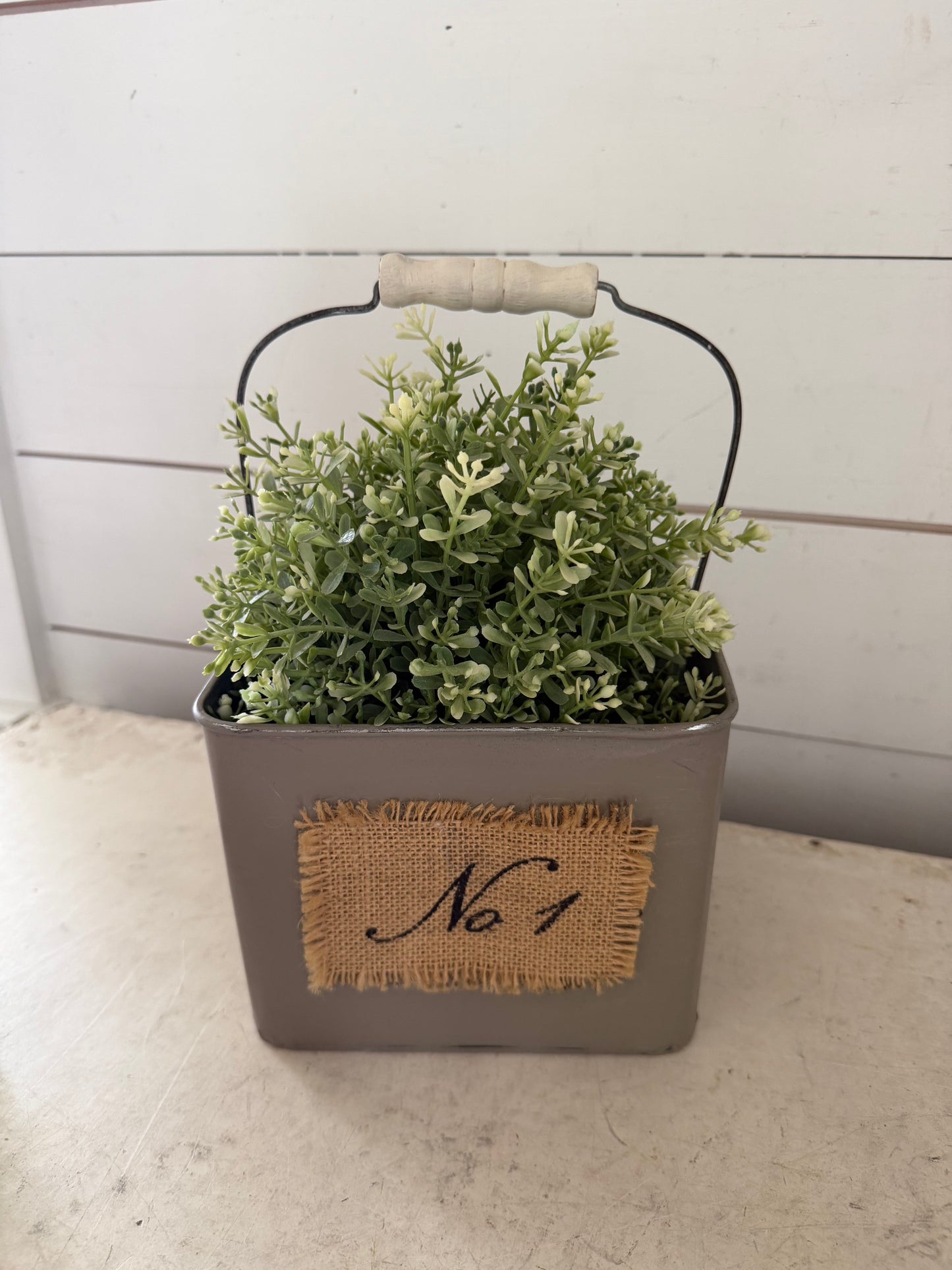 Hand Painted Metal bucket with handle greenery included
