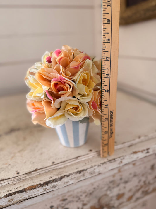 Cream and Pink Rose Bouquet in a Blue and White Striped Planter Will get makeover - tag took the paint off