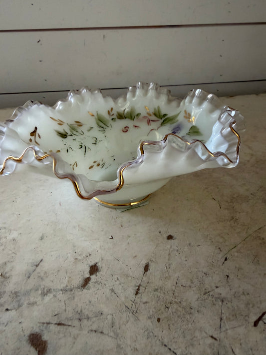 vintage Fenton Glass ruffled bowl featuring a delicate hand-painted floral design with gold trim