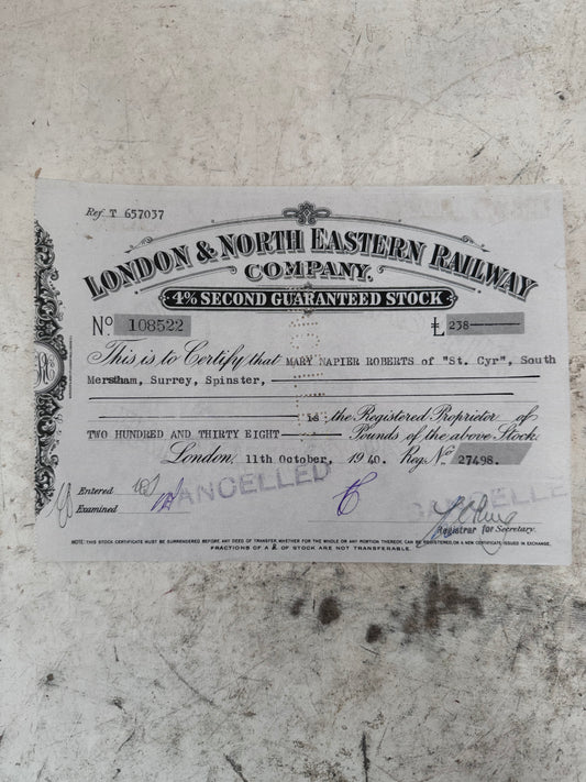 1940 London and North Eastern Railway Co. Canceled Stock