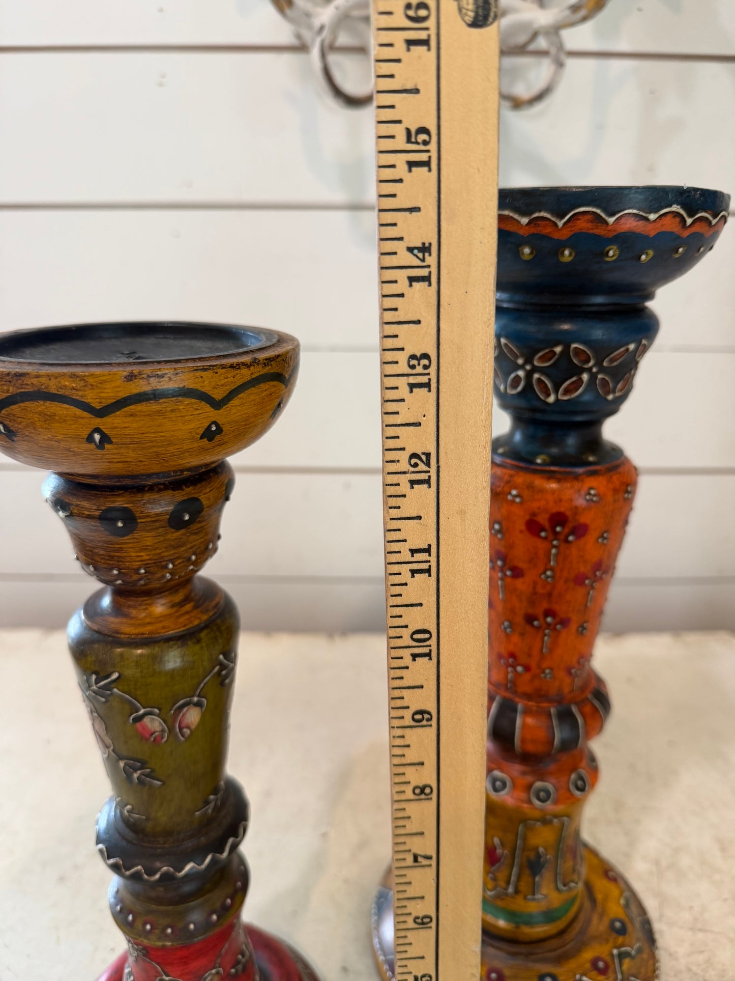 Hand-painted folk art candlestick set