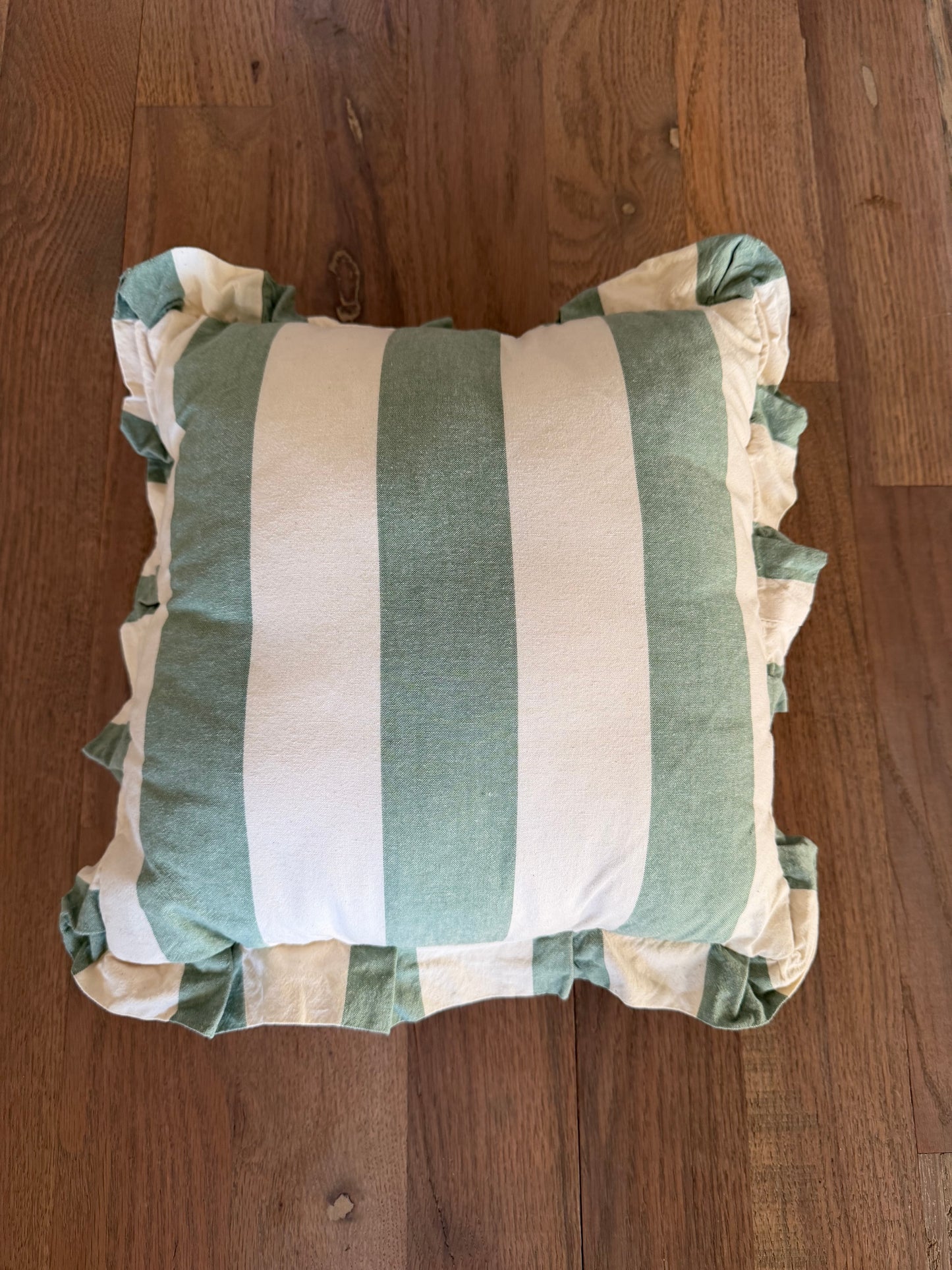 Green and Pink Striped Throw pillow with Ruffle edge