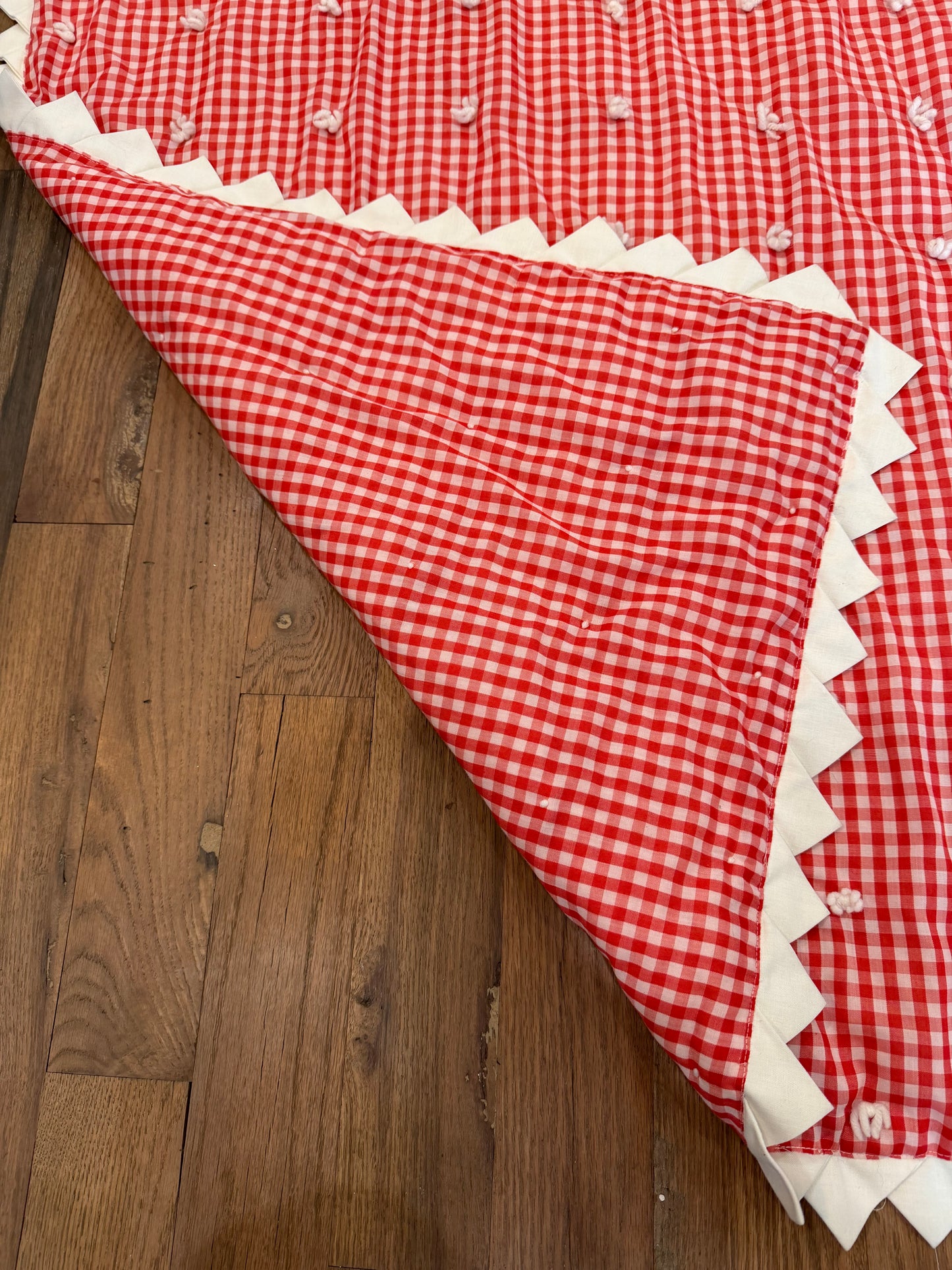 Red Baby Quilt with White scalloped Trim