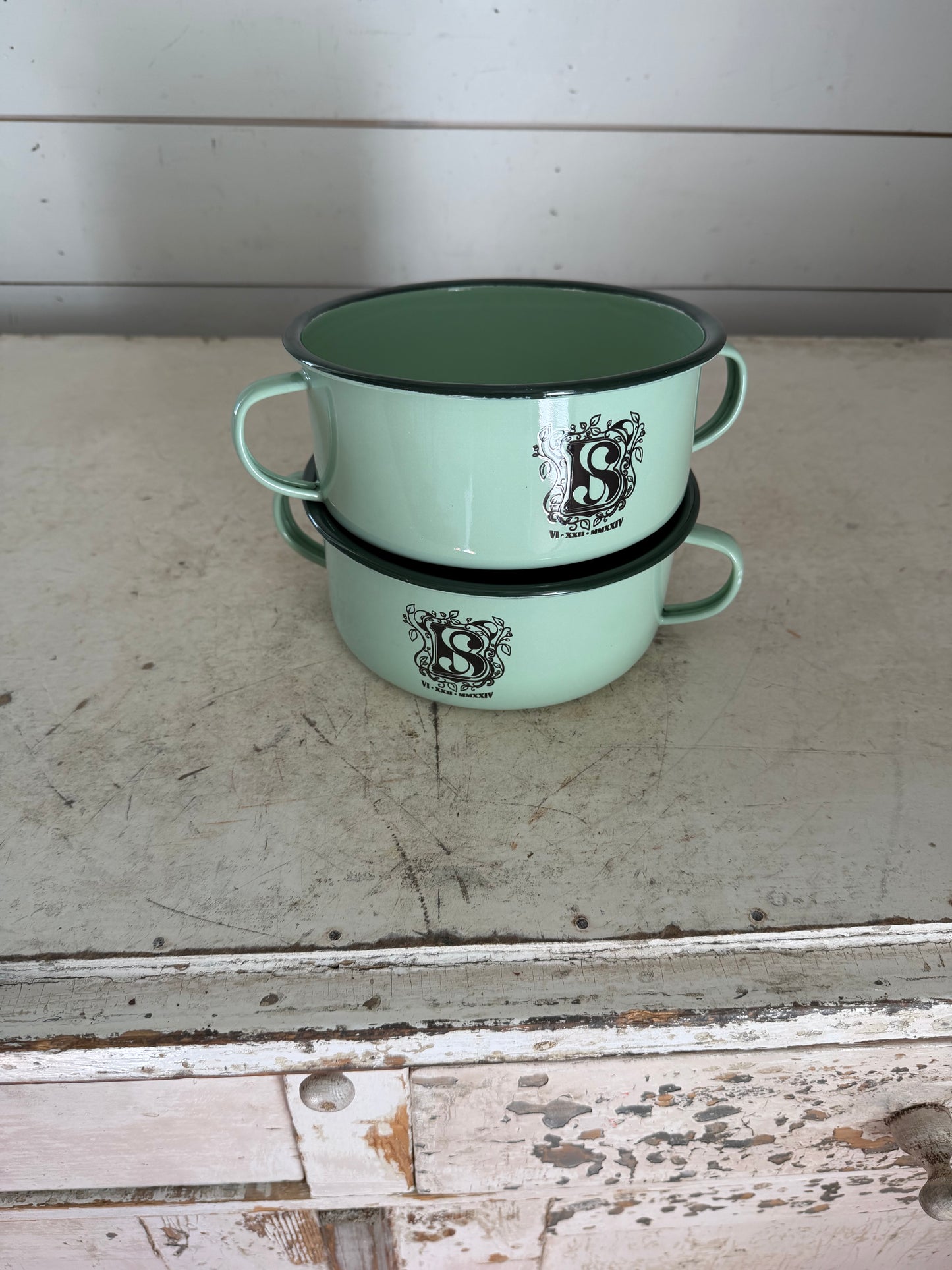Mint green monogrammed Enamel Pot with Handles - SOLD INDIVIDUALLY