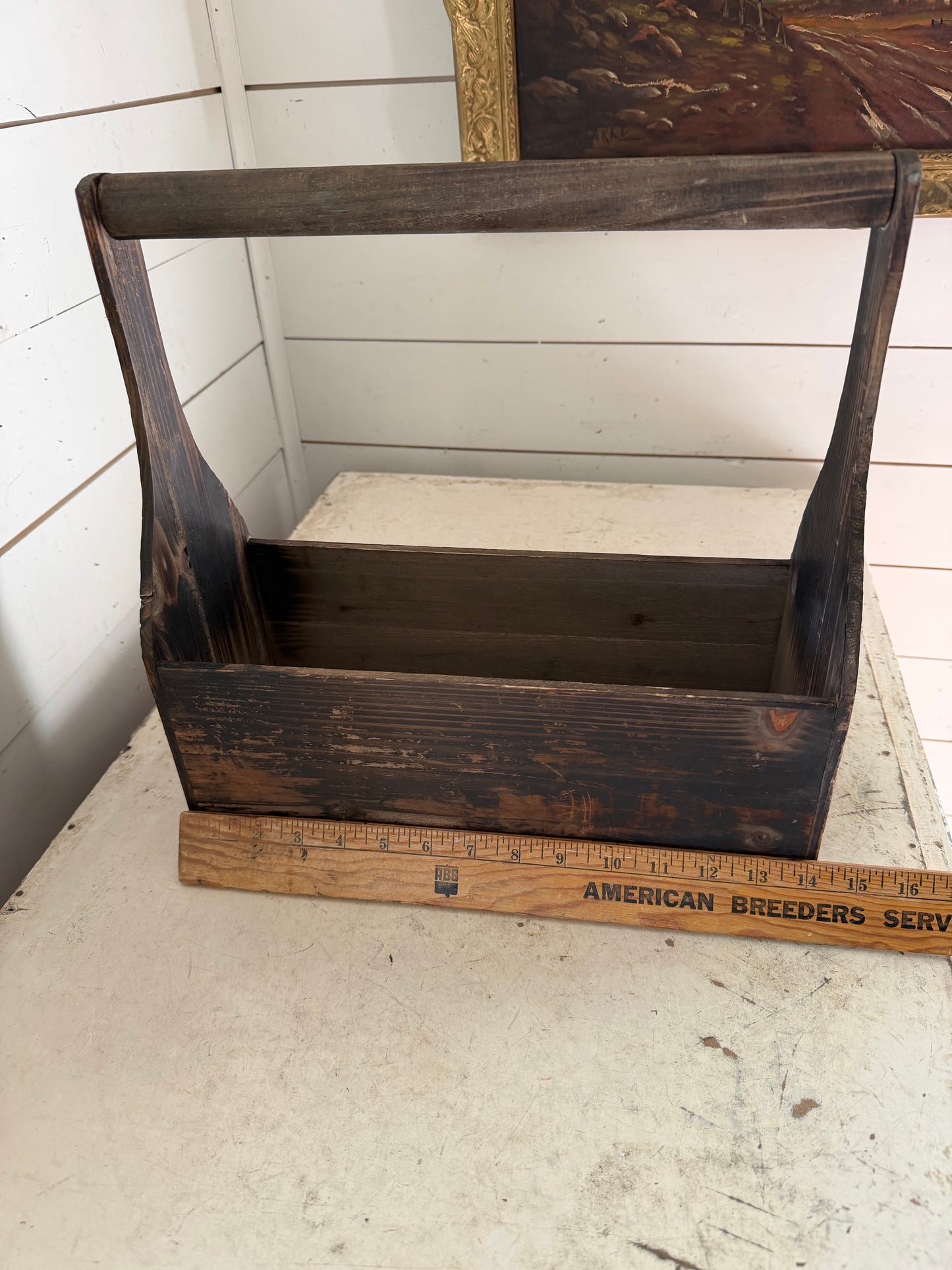 Rustic tall Handled Wood Tote - Will Get Makeover and jars