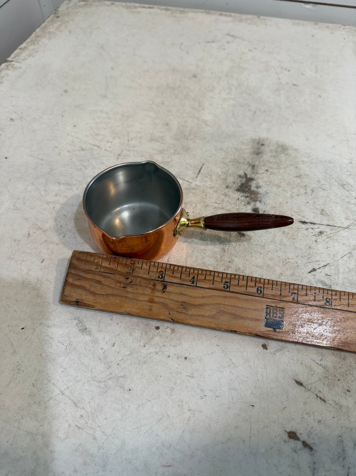 Tiny Vintage Copper Pot With Brass and Wooden Handle Portugal