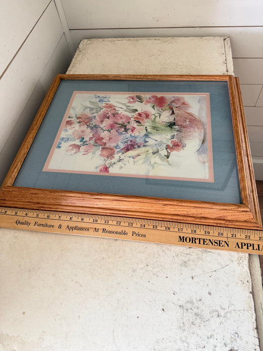 Vintage Framed, oval matted dark pink floral in planter print