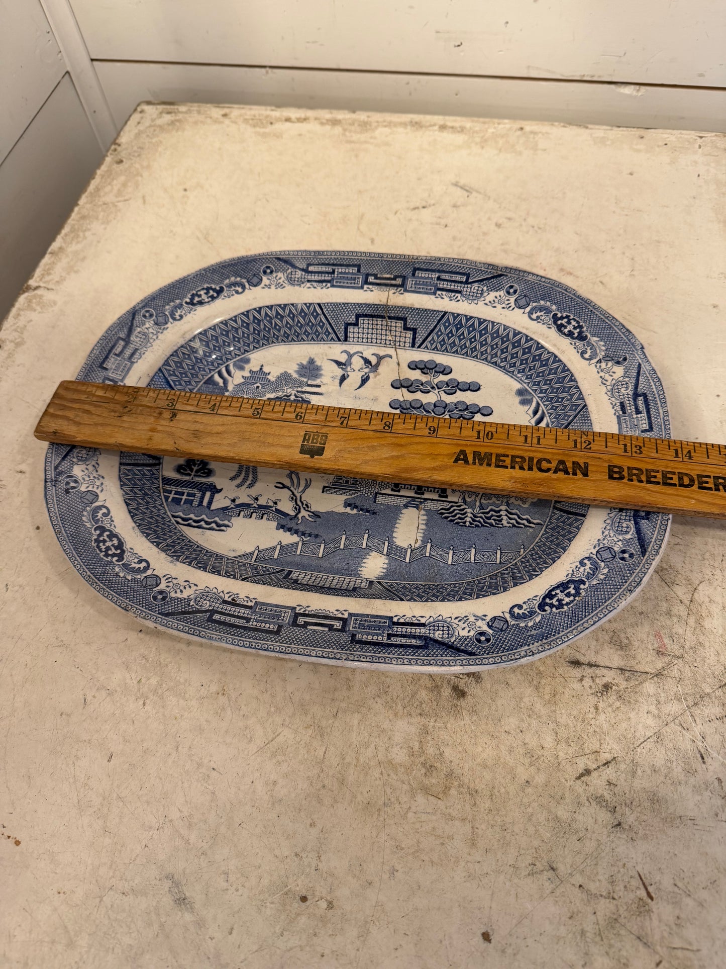 19th century English stone ware Blue Willow Platter 14” - has crack