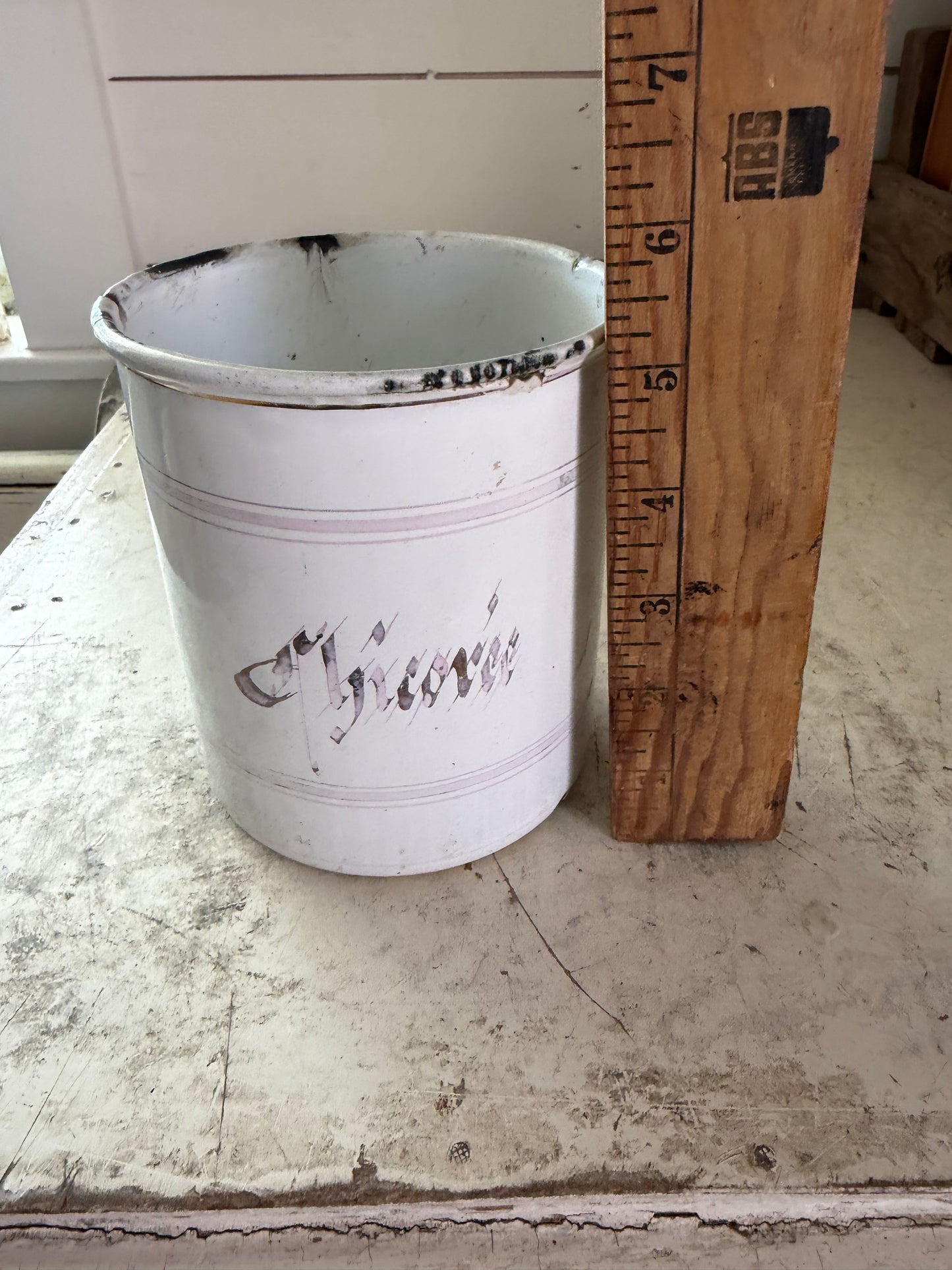 Antique French white enameled canister with aqua lettering, enameled pot with lid Chicoree - greenery not included