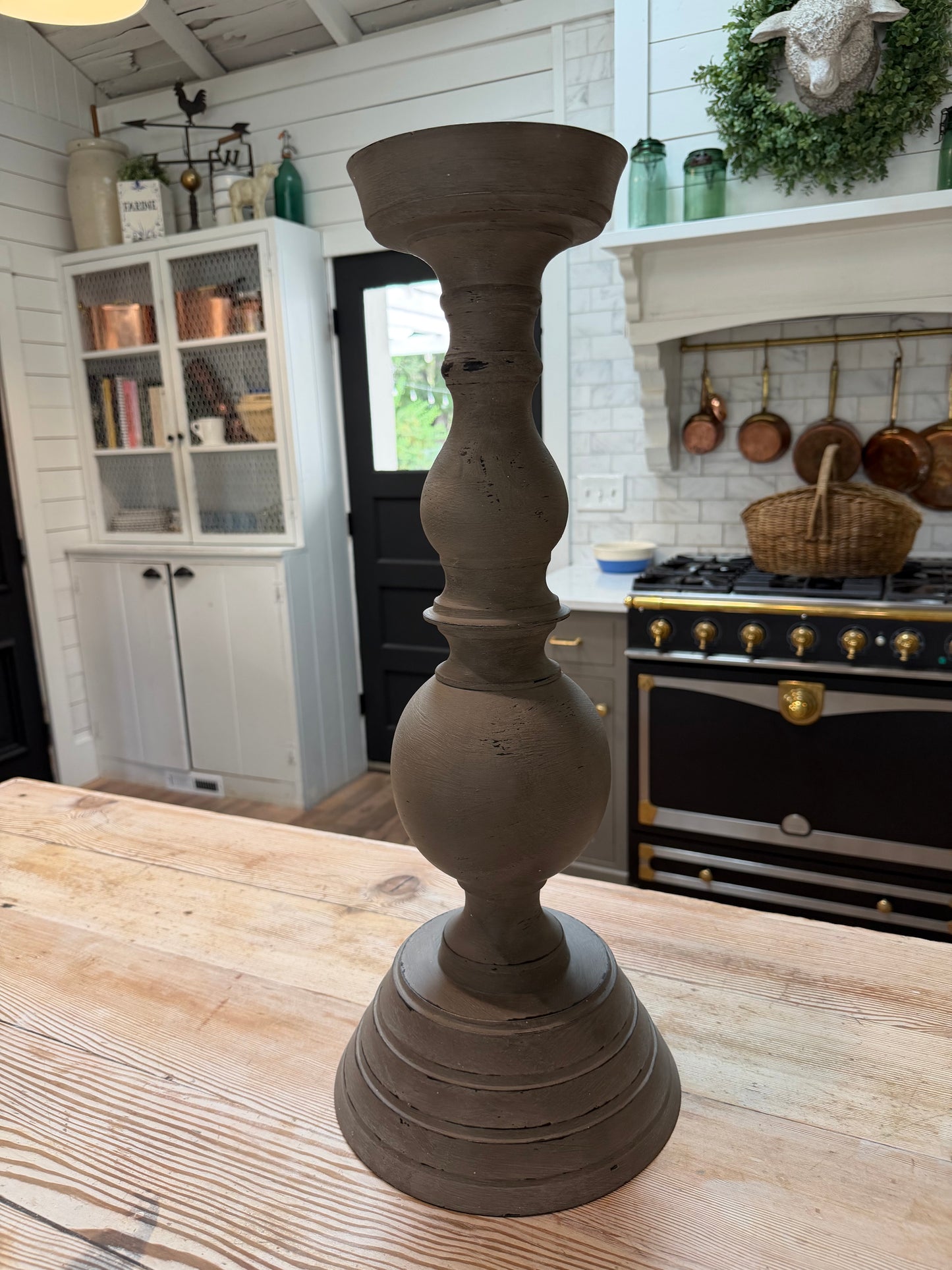 Large oversized metal candlestick hand painted