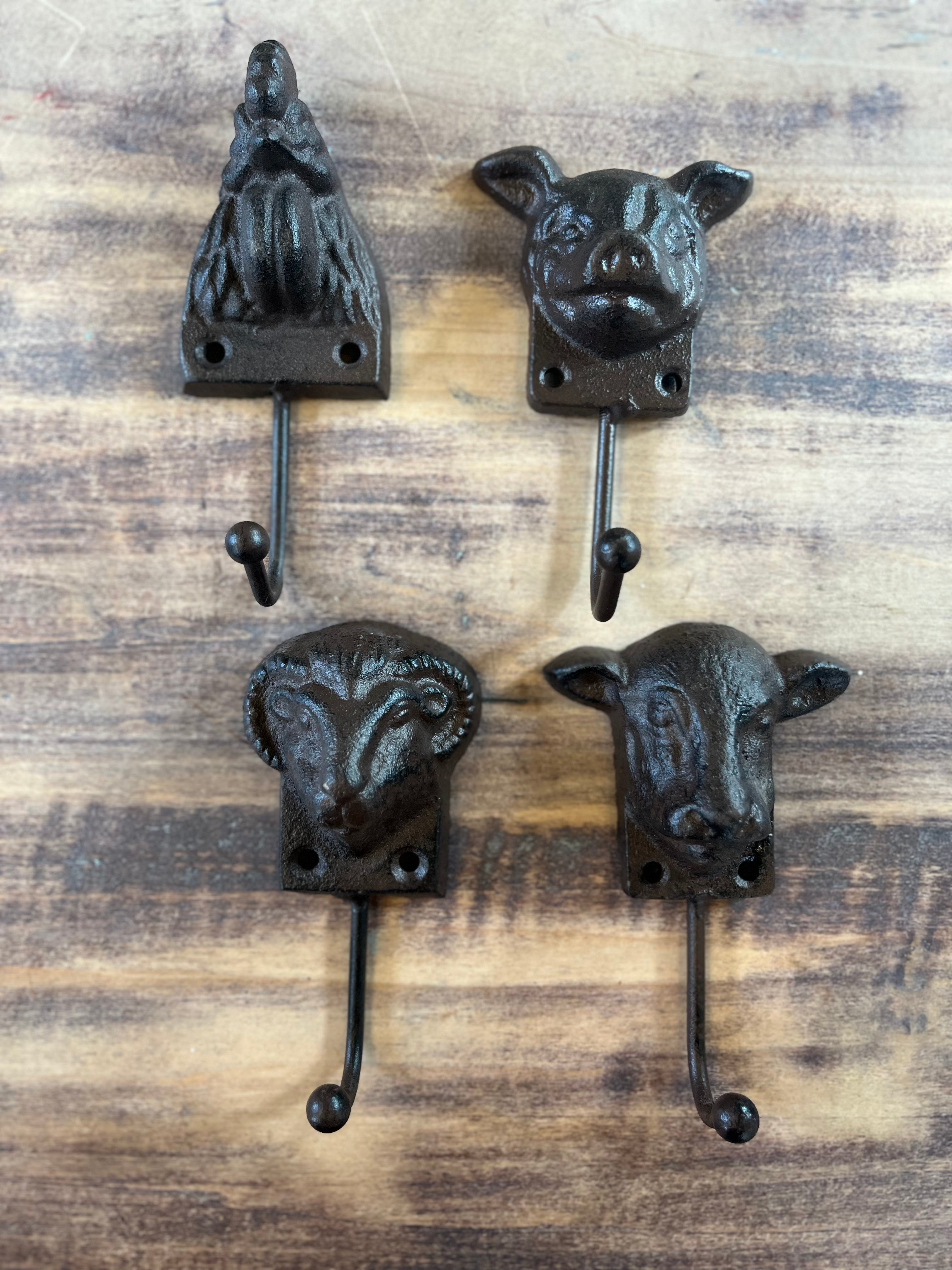 Set of 4 Coat hooks - Farm Animals - Cast iron - Antique Brown