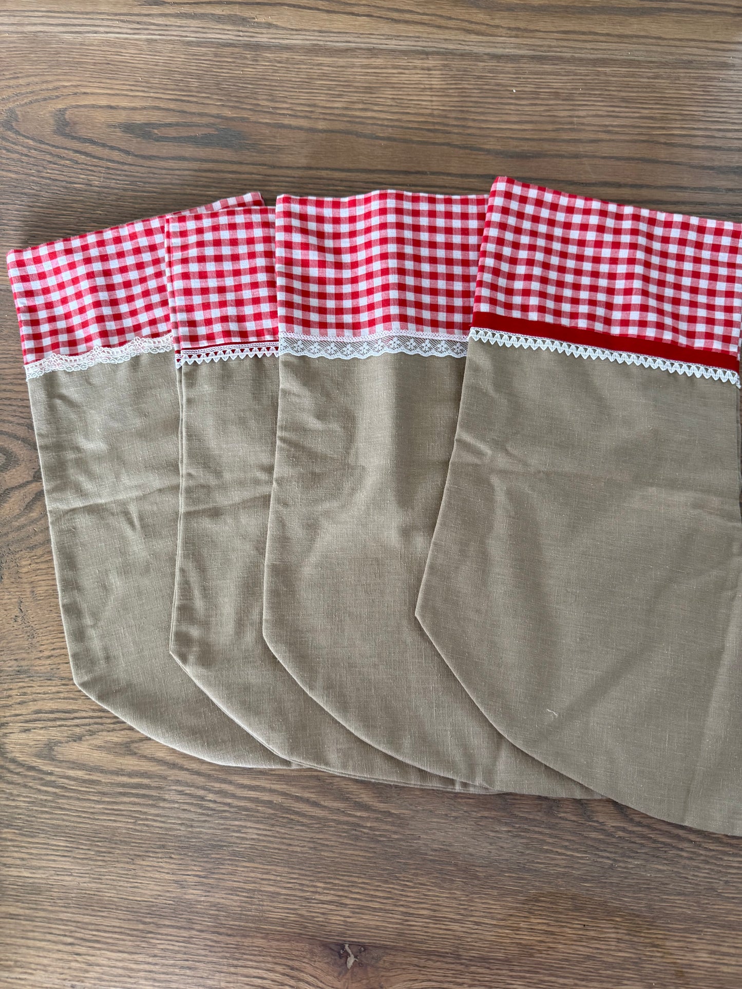 Handmade Stocking Red Gingham and Taupe - sold individually