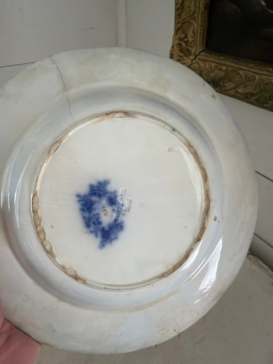 Flow blue plate made in England has small crack
