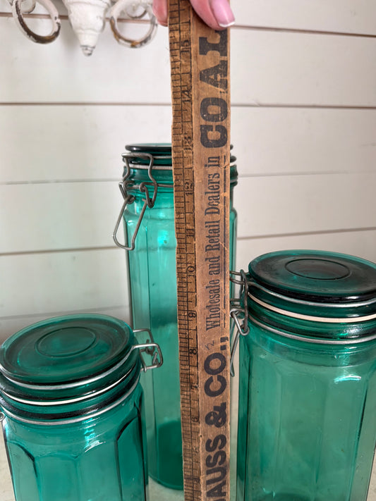 Vintage 3 Pc Teal Green Paneled Glass Wire Bale Kitchen Canister Set