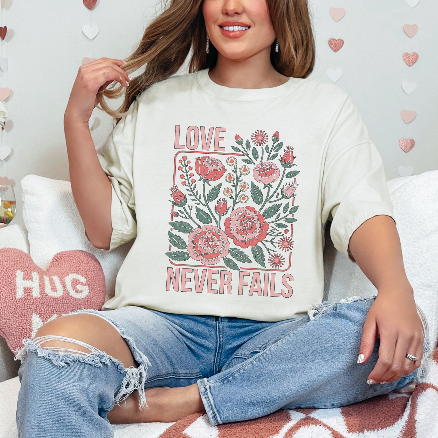 Love Never Fails Vintage Floral Christian Valentines T Shirt