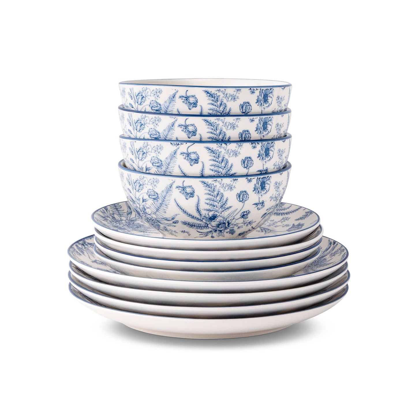 12pc Toile Dinnerware Set - Blue & White Plates and Bowls