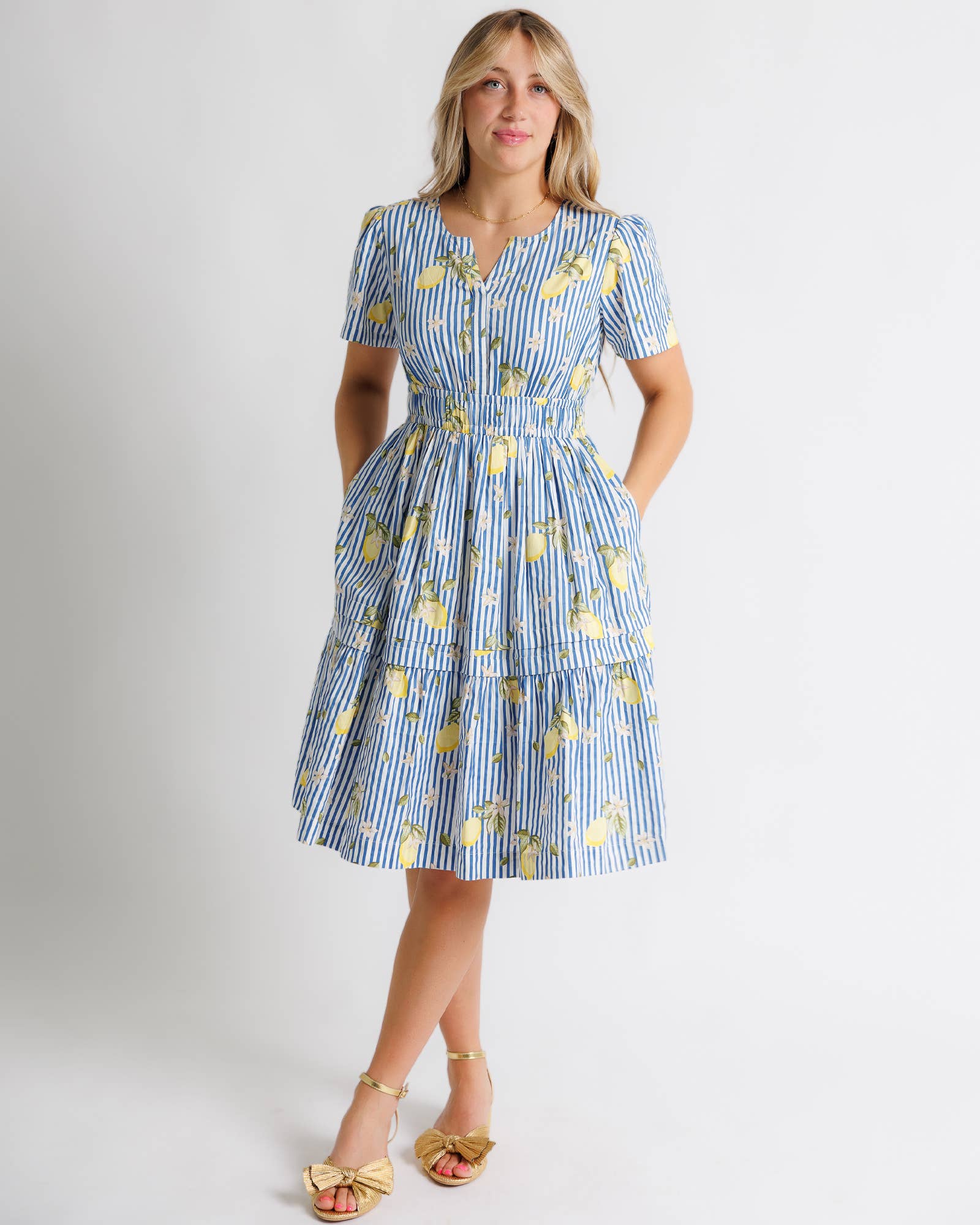 Blue Striped with Lemon Print Short Sleeve Knee Length Dress Jami Ray Vintage Blue Striped with Lemon Print Short Sleeve Knee Length Dress Jami Ray Vintage