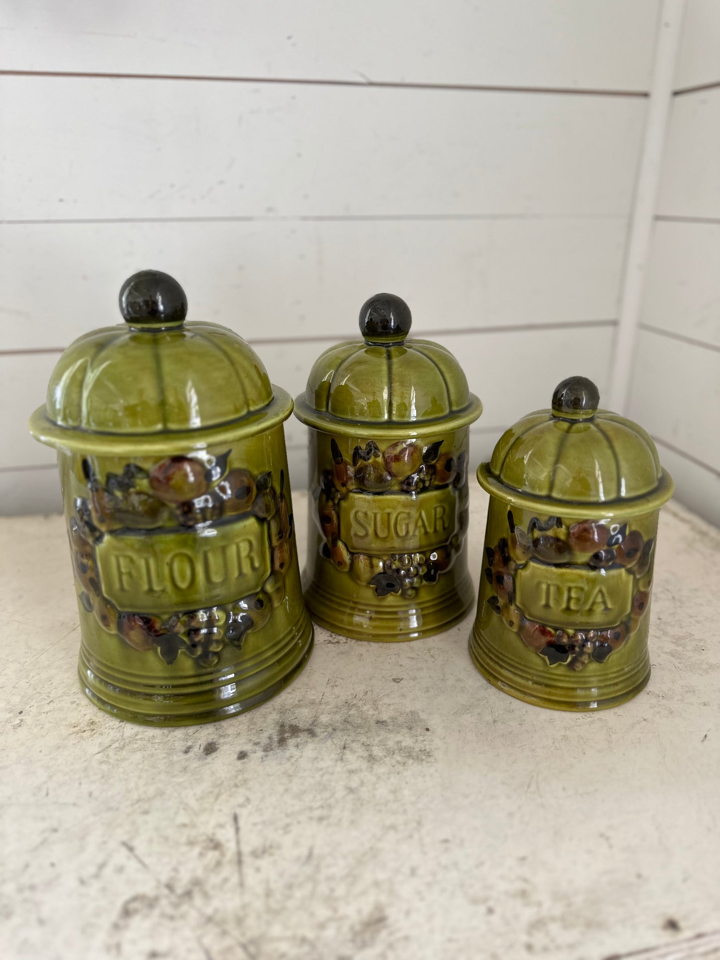Canister Set Vintage Los Angeles Pottery 3 Pc Jar Set MCM Green Fruit Cottage