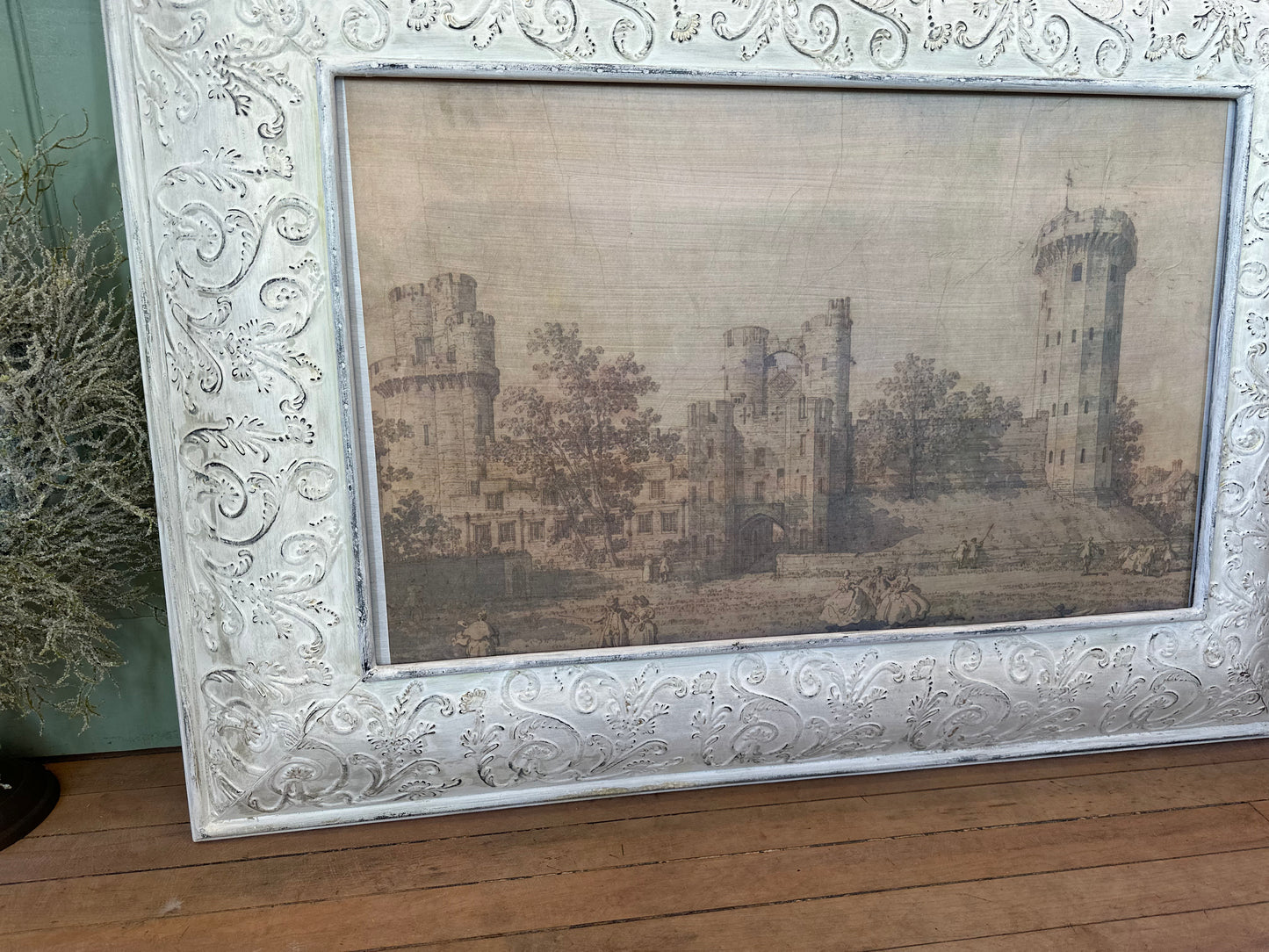 Oversized Embossed tin frame with castle art
